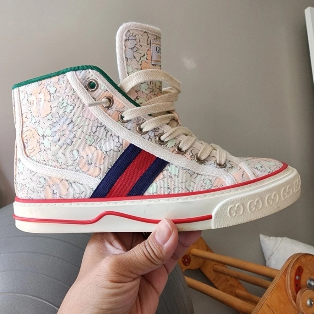 Authentic Gucci High-Top Sneakers with Red and Blue Stripes
